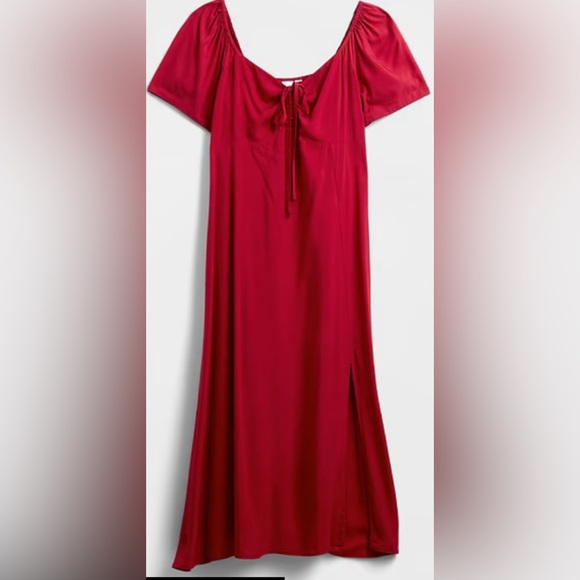 Gap Red Puff Sleeve Midi Dress with Front Tie & Side Slit: Size M - Picture 5 of 9